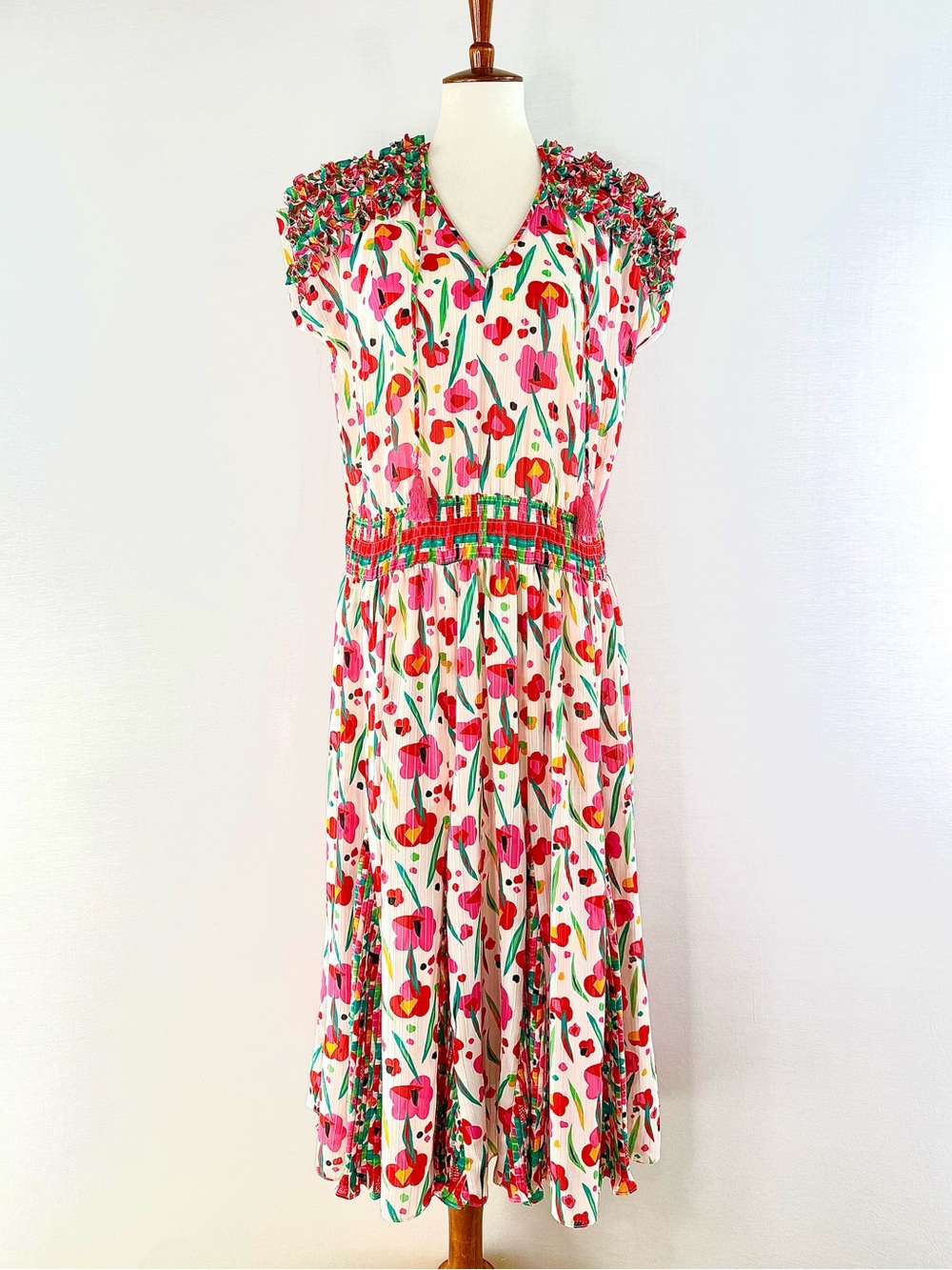 Diane Freis Vintage 80s Georgette Floral Shirred-Waist Cap Sleeve Midi Dress